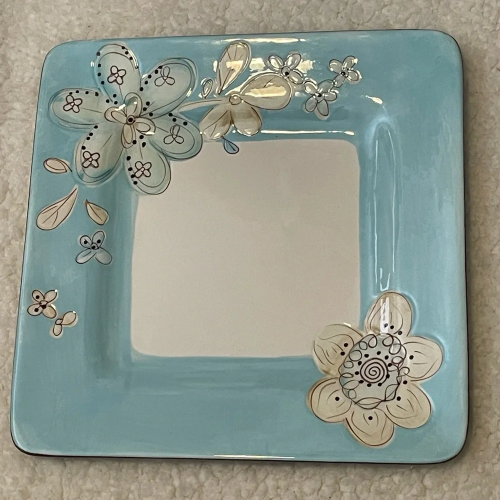 Pier 1 platter and dish set - brown and blue floral pattern 11x13 & 10x10 NWOT